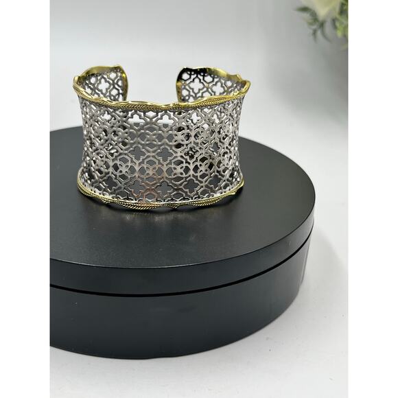 Kendra Scott Candice Two Tone Silver Gold Filigree Yellow Rose Cuff Bracelet - Picture 4 of 12